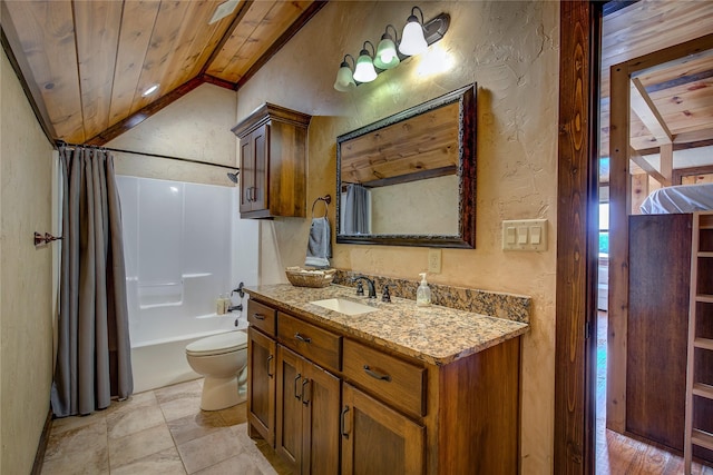 full bath with vaulted ceiling, a textured wall, wood ceiling, and shower / tub combo with curtain