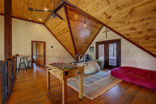 3780 Texas Highway 11 W, Sulphur Springs, TX 75482 - game room with wooden ceiling, hardwood / wood-style flooring, lofted ceiling, a ceiling fan, and a textured wall