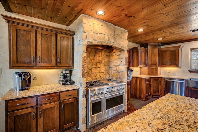 kitchen with appliances with stainless steel finishes, recessed lighting, wood ceiling, and light stone countertops