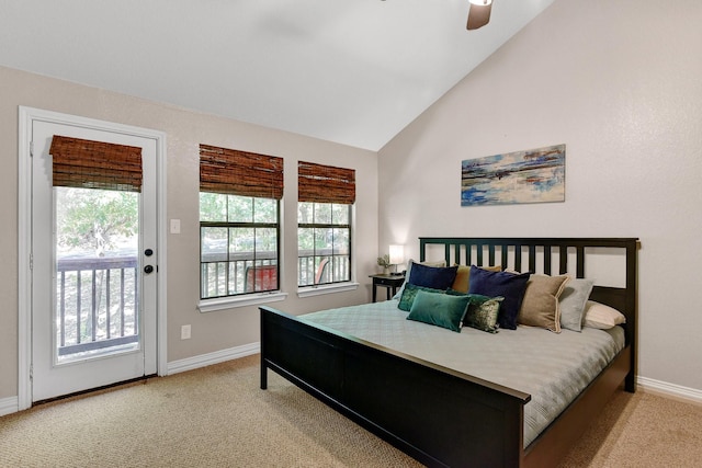 carpeted bedroom featuring a ceiling fan, access to outside, lofted ceiling, and baseboards