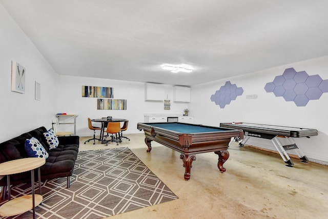 rec room featuring baseboards, concrete flooring, and pool table