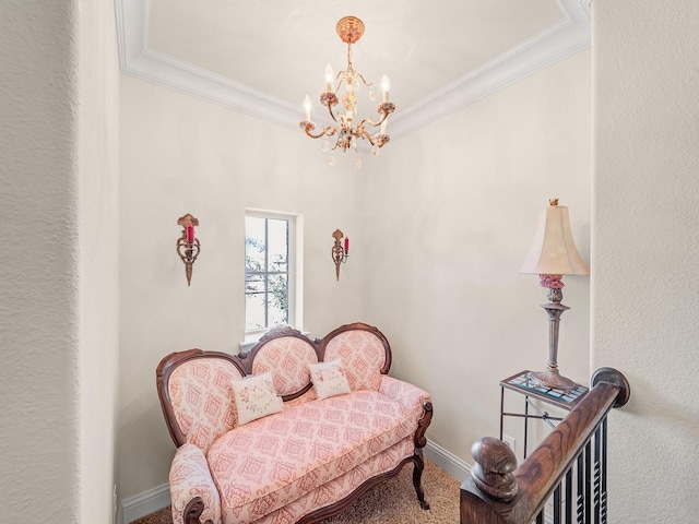 bedroom with an inviting chandelier, baseboards, and ornamental molding