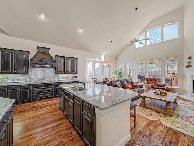 kitchen featuring a sink, a fireplace with raised hearth, wood finished floors, and custom exhaust hood