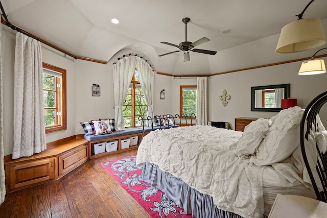 900 Kingsbury Way, Southlake, TX 76092 - bedroom with vaulted ceiling, dark wood-style floors, recessed lighting, and ceiling fan