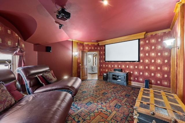 900 Kingsbury Way, Southlake, TX 76092 - home theater room featuring baseboards, wallpapered walls, and lofted ceiling
