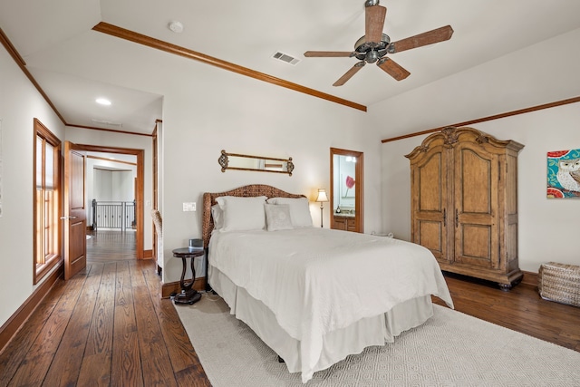 900 Kingsbury Way, Southlake, TX 76092 - bedroom with crown molding, dark wood-type flooring, baseboards, a ceiling fan, and lofted ceiling