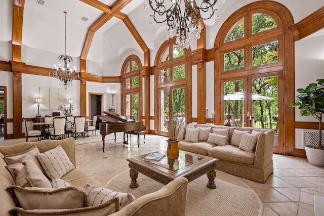 900 Kingsbury Way, Southlake, TX 76092 - living area with a chandelier, a high ceiling, and french doors