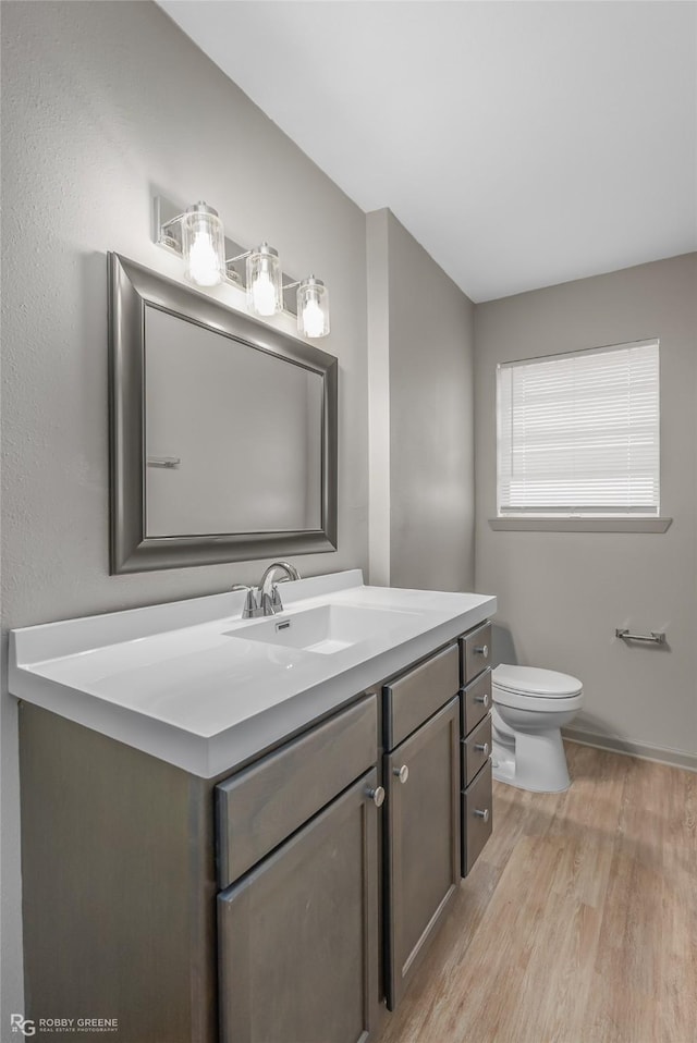 bathroom with toilet, wood finished floors, and vanity