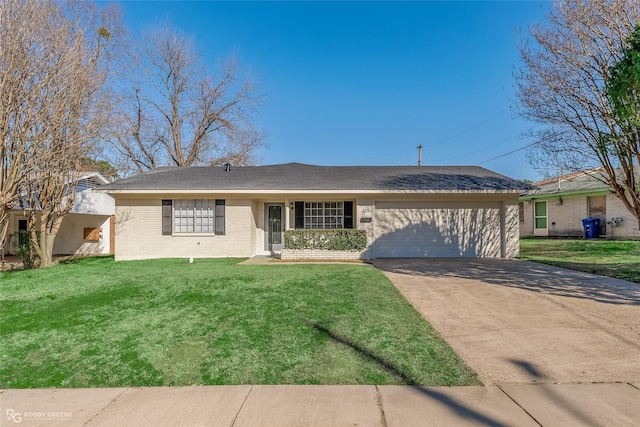 single story home featuring driveway, brick siding, an attached garage, and a front yard