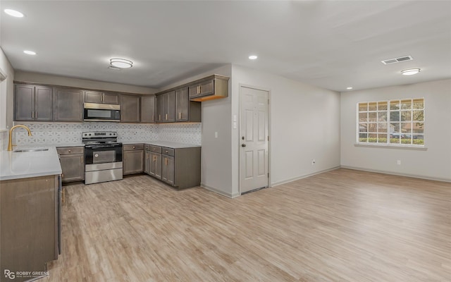 kitchen with light wood finished floors, stainless steel appliances, visible vents, backsplash, and a sink