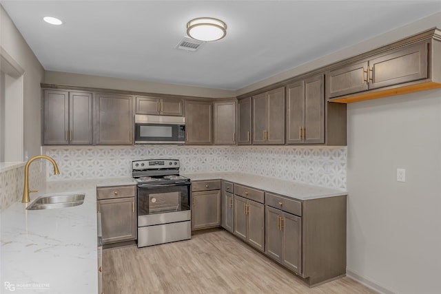 kitchen with visible vents, light wood-style flooring, a sink, stainless steel appliances, and backsplash