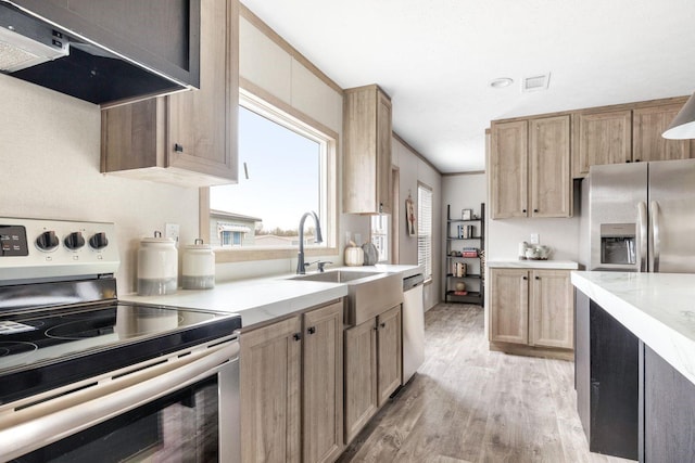 kitchen featuring visible vents, appliances with stainless steel finishes, light wood-type flooring, under cabinet range hood, and a sink