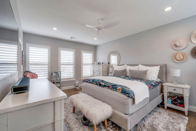 612 Skyline Bluff Dr, Fort Worth, TX 76102 - bedroom with baseboards, wood finished floors, recessed lighting, and a ceiling fan