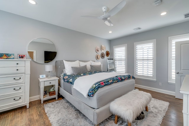 612 Skyline Bluff Dr, Fort Worth, TX 76102 - bedroom with baseboards, dark wood-style floors, recessed lighting, and a ceiling fan