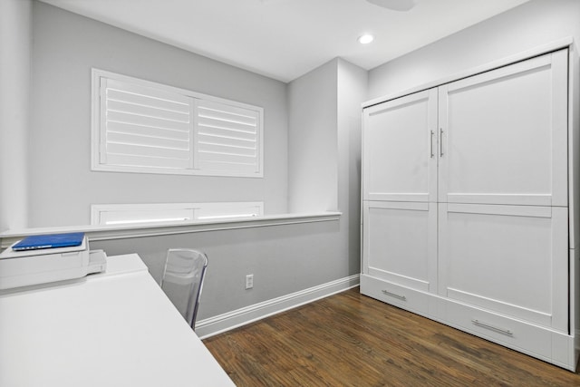 612 Skyline Bluff Dr, Fort Worth, TX 76102 - office area featuring dark wood-style floors, baseboards, and recessed lighting