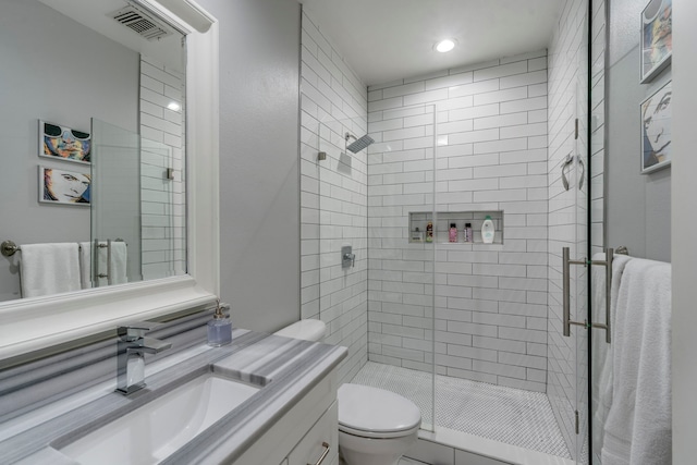 612 Skyline Bluff Dr, Fort Worth, TX 76102 - bathroom with toilet, a shower stall, vanity, and recessed lighting