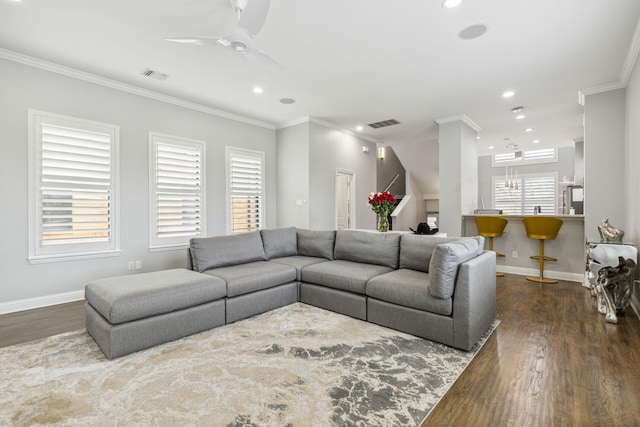 612 Skyline Bluff Dr, Fort Worth, TX 76102 - living room with ornamental molding, baseboards, wood finished floors, recessed lighting, and a ceiling fan