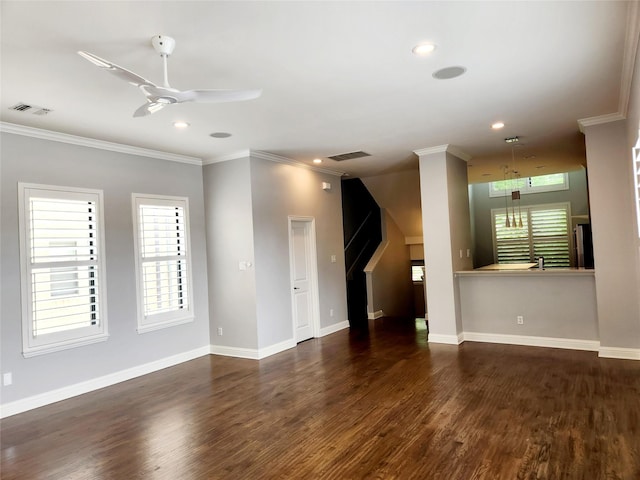 612 Skyline Bluff Dr, Fort Worth, TX 76102 - unfurnished living room with crown molding, recessed lighting, wood finished floors, a ceiling fan, and baseboards