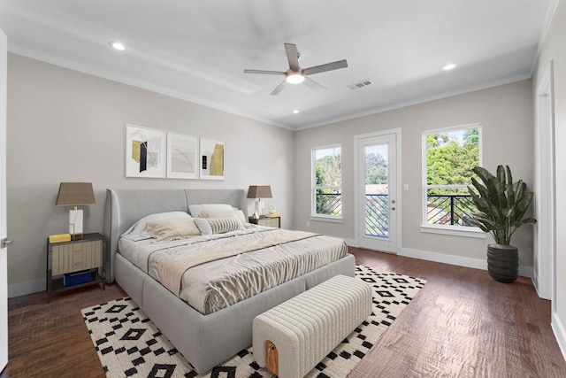 bedroom featuring baseboards, visible vents, dark wood-type flooring, access to outside, and recessed lighting