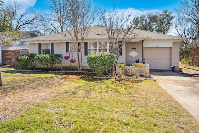 single story home with a front yard, driveway, an attached garage, and fence