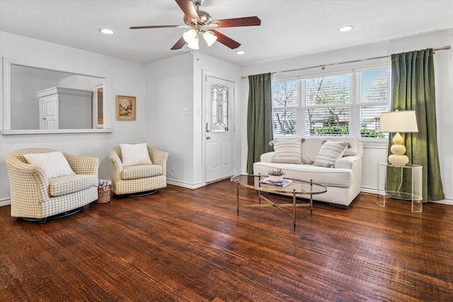 living area featuring ceiling fan, baseboards, wood finished floors, and recessed lighting