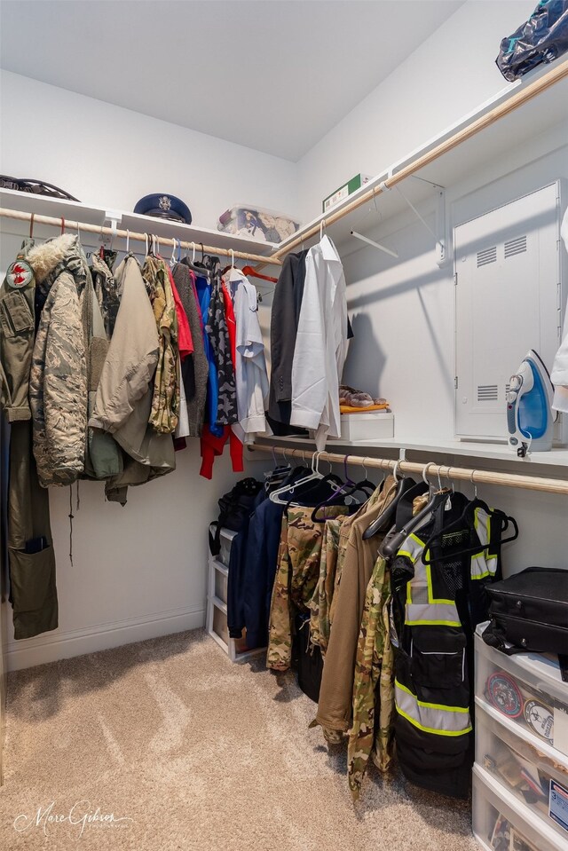 walk in closet with carpet flooring