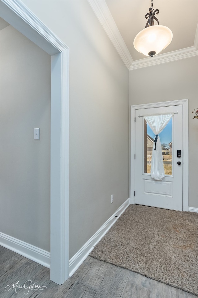 foyer featuring ornamental molding, baseboards, and wood finished floors