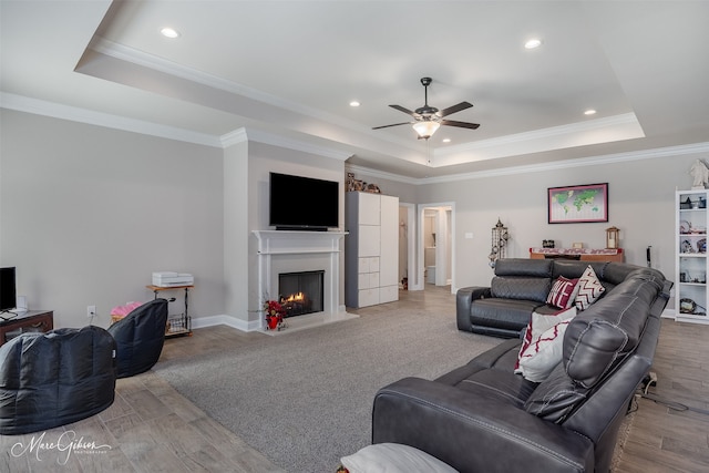 living room with a warm lit fireplace, a raised ceiling, and crown molding