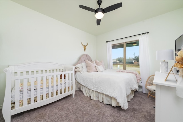 bedroom featuring carpet floors and ceiling fan