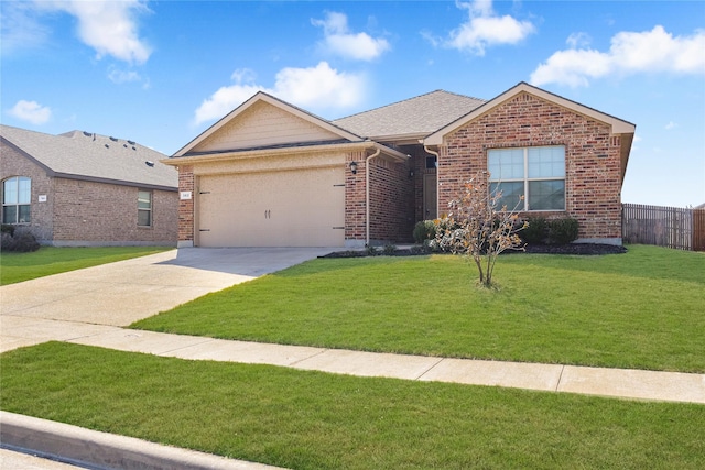 ranch-style house featuring brick siding, concrete driveway, an attached garage, fence, and a front yard