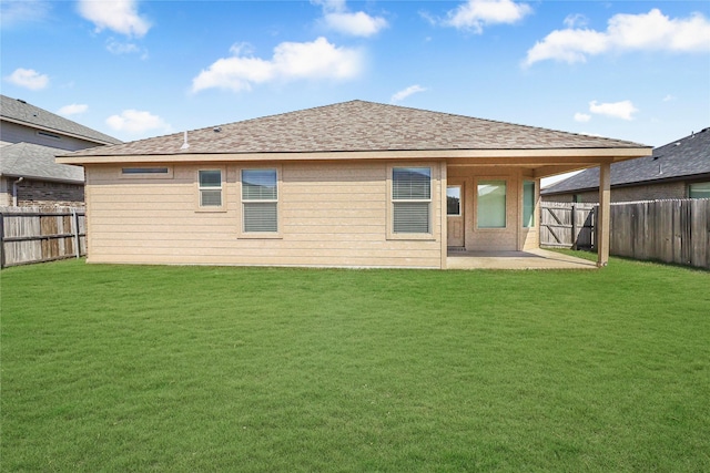 302 Triple Crown Ln, Ponder, TX 76259 - rear view of house featuring a shingled roof, a patio area, a fenced backyard, and a yard