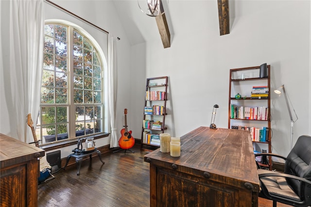 home office featuring dark wood finished floors, beam ceiling, and baseboards