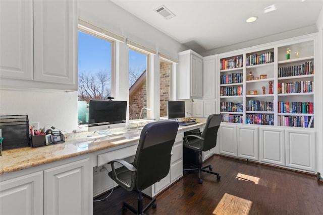 office area featuring dark wood-type flooring, recessed lighting, and visible vents