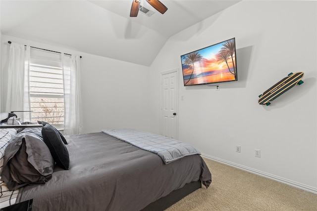 bedroom with visible vents, baseboards, ceiling fan, vaulted ceiling, and carpet floors