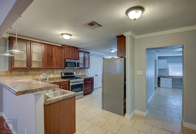 kitchen with light tile patterned floors, visible vents, appliances with stainless steel finishes, glass insert cabinets, and a peninsula