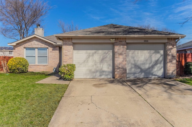 single story home featuring a garage, brick siding, concrete driveway, fence, and a front yard