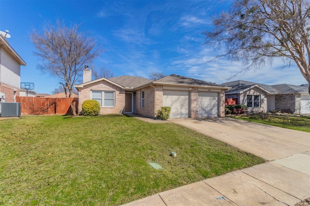 single story home with concrete driveway, a chimney, an attached garage, fence, and a front lawn