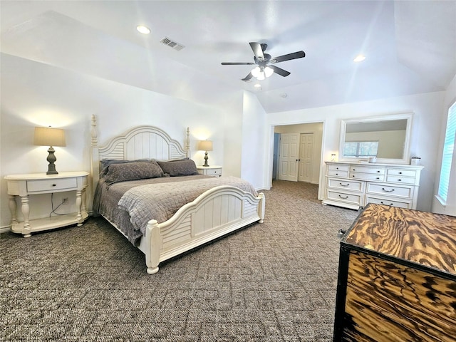 bedroom with lofted ceiling, recessed lighting, visible vents, a ceiling fan, and carpet flooring