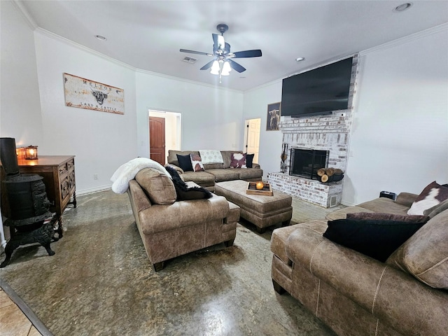 living area with a fireplace, crown molding, visible vents, and ceiling fan