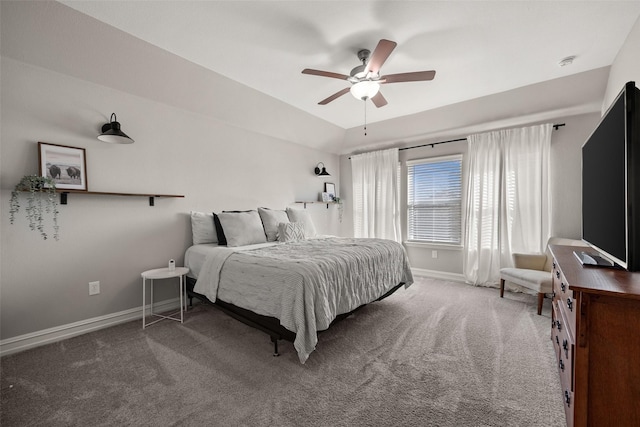 bedroom featuring carpet, vaulted ceiling, ceiling fan, and baseboards