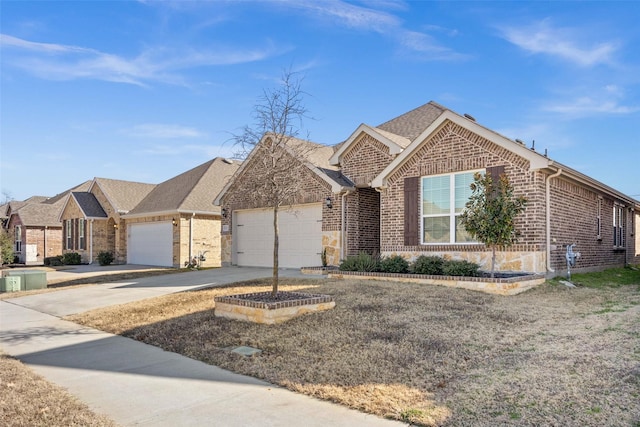 ranch-style house with a garage, driveway, a shingled roof, and brick siding