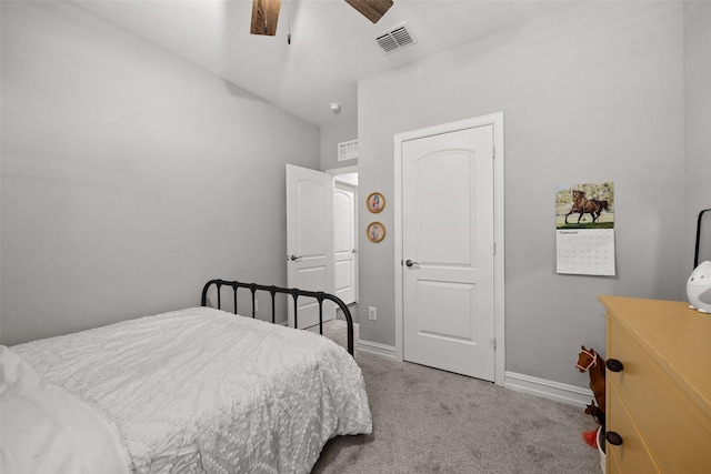 bedroom with carpet, visible vents, ceiling fan, and baseboards