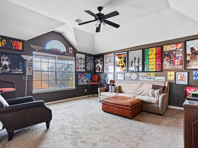 interior space featuring carpet floors, ceiling fan, visible vents, and lofted ceiling