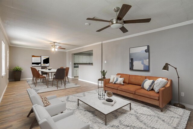 2013 Proctor Dr, Grand Prairie, TX 75051 - living area featuring ceiling fan, wood finished floors, and crown molding