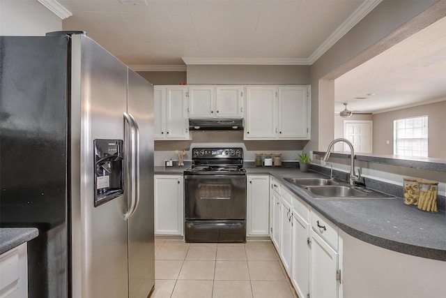 2013 Proctor Dr, Grand Prairie, TX 75051 - kitchen featuring stainless steel fridge with ice dispenser, black / electric stove, under cabinet range hood, dark countertops, and light tile patterned floors