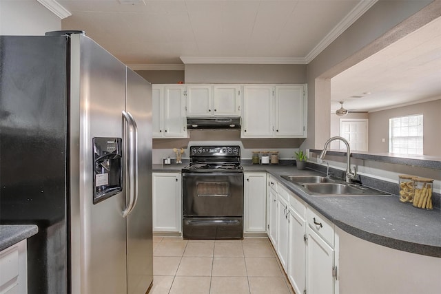 kitchen featuring dark countertops, black electric range oven, a sink, stainless steel fridge, and under cabinet range hood