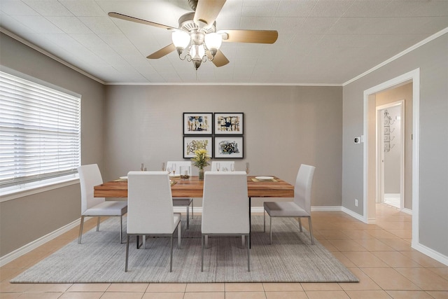 2013 Proctor Dr, Grand Prairie, TX 75051 - dining space with baseboards, tile patterned flooring, ornamental molding, and a ceiling fan