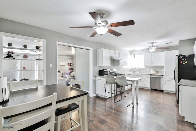 kitchen featuring appliances with stainless steel finishes, backsplash, white cabinetry, and under cabinet range hood