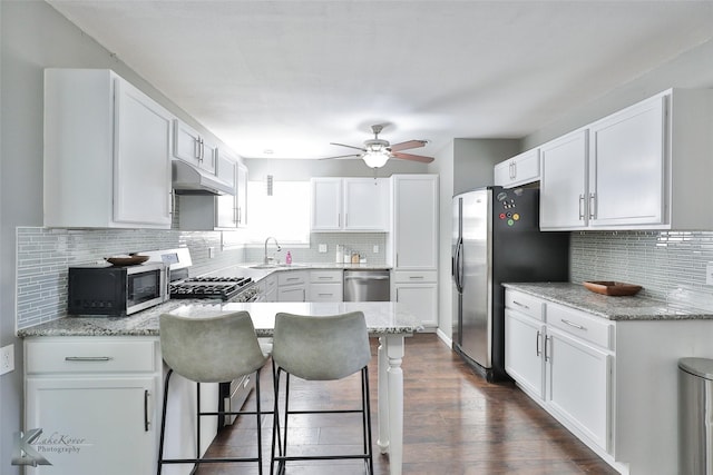 kitchen with stainless steel appliances, white cabinetry, a sink, a peninsula, and under cabinet range hood