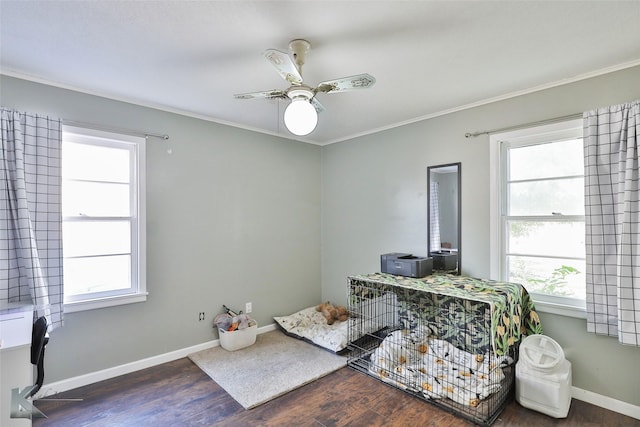 bedroom featuring multiple windows, baseboards, and wood finished floors